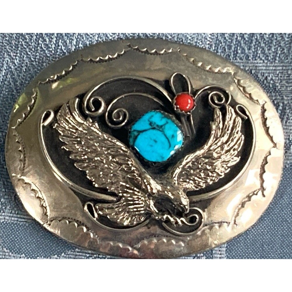 Flying Eagle Vintage Navajo Silver Belt Buckle, Turquoise & Coral, Southwestern